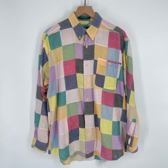 Vintage 90s Orvis Indian Madras Patchwork Shirt Men Med Fisherman Camp Outdoor - Picture 2 of 12